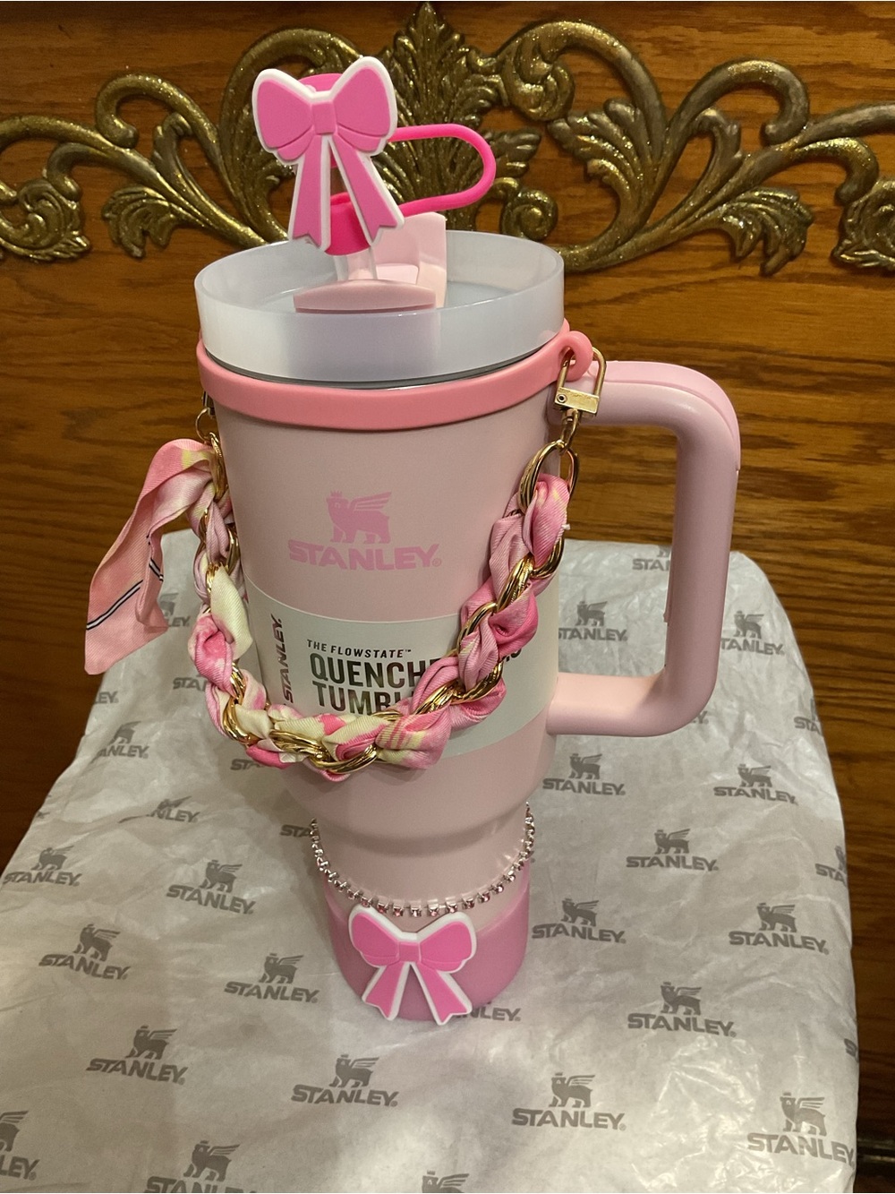 Stanley Pink Kids Quench Tumbler with Bow Charm and Braided Strap